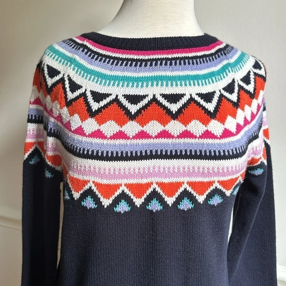 Talbots Fair Isle Sweater Crew Navy Pink Orange medium EUC